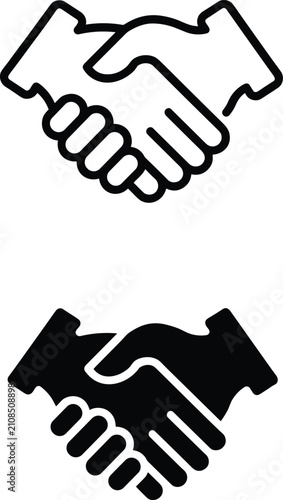 Two handshake icons, one outlined and one solid black shaking agreement