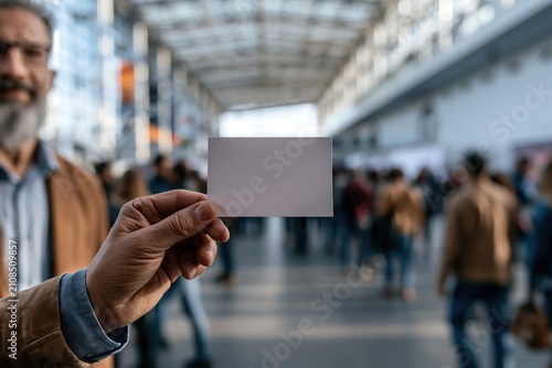 Hand Holding Blank Card in Busy Public Space