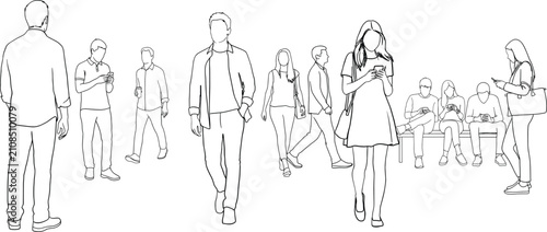 People Walking and Sitting with Mobile Phones Line Drawings untitled vector
