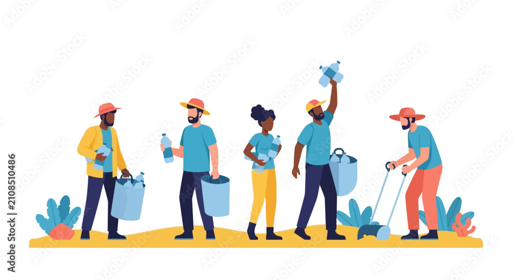 Fototapeta premium Diverse Group of Volunteers Cleaning Up Plastic Waste on the Beach - Flat Vector Illustration of Environmental Protection and Ocean Sustainability Concept