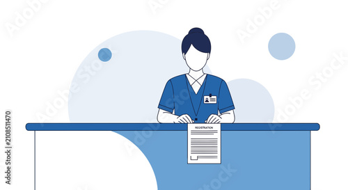 Nurse at reception desk with patient form, hospital administration and healthcare concept