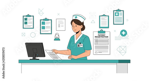 Nurse at reception desk with patient registration form and medical records