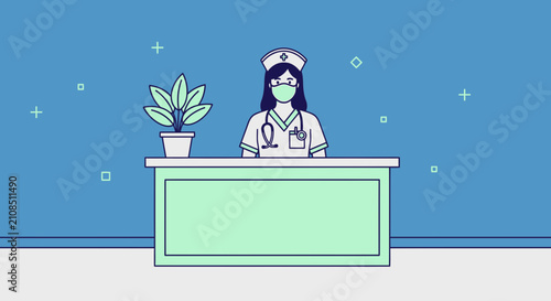 Nurse at reception desk with plant and medical symbols, healthcare concept