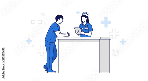 Nurse at reception desk with patient, medical consultation, hospital interior, healthcare concept