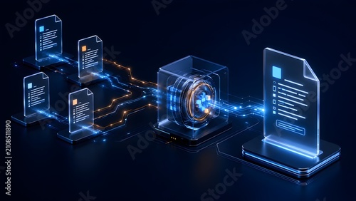 Futuristic digital document transfer through glowing circuit board to central database