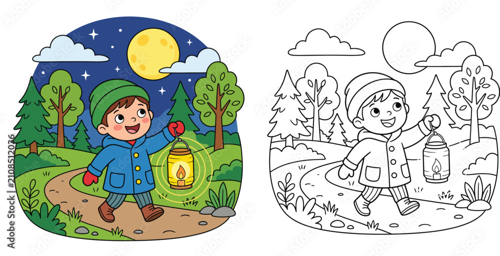 Fototapeta premium Cute Boy Exploring Forest at Night with Lantern