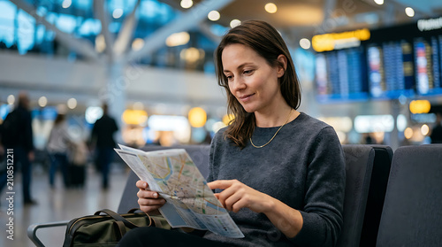 Female traveler intently examining a map at an airport terminal during journey preparation