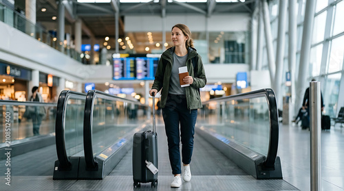 Casual young woman with a backpack and rolling suitcase walking through modern airport terminal with large windows and digital