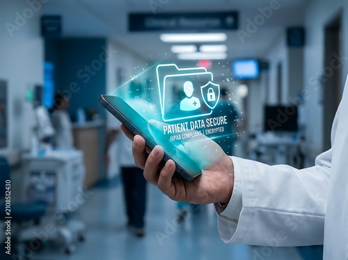 A physician holding a smartphone with a holographic secure patient data icon. Concept for medical cybersecurity.