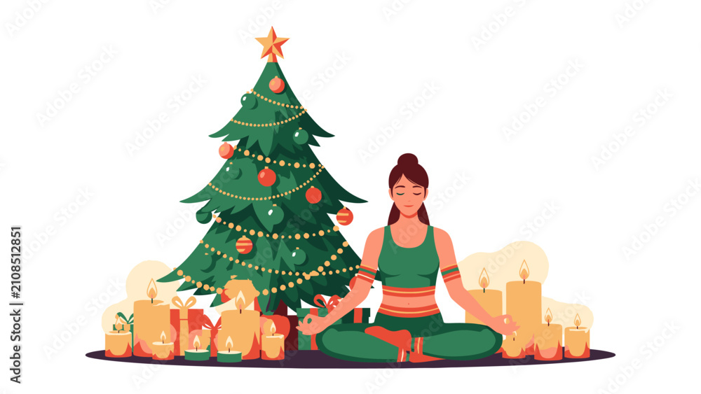 Fototapeta premium Christmas Zen: A woman meditates peacefully in a lotus position beside a decorated Christmas tree, surrounded by festive gifts and glowing candles, embodying tranquility amidst holiday cheer.