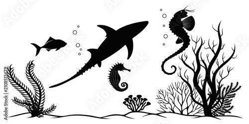 Black underwater fantasy silhouette pack with mermaid and sea creatures black silhouette