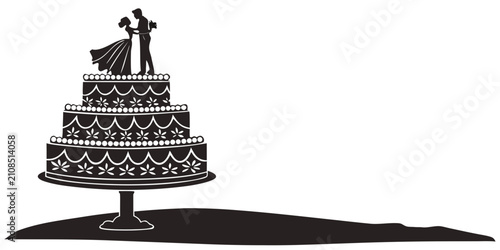 Black wedding cake with floral lace silhouette, isolated on white black silhouette