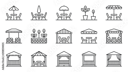Fotografía Outdoor gazebo patio table parasol umbrella plant garden furniture line icon set