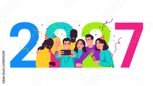New Year Celebration 2027: Diverse group of friends taking a selfie with festive confetti and party hats, celebrating the start of the year 2027 in vibrant colors.