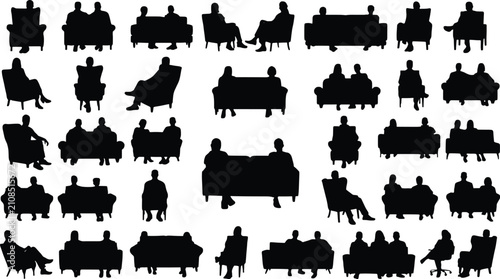 Collection Of Black Silhouettes Of People Sitting On Sofas And Chairs Keywords: people, silhouette, sitting, sofa, couch, armchair, chair