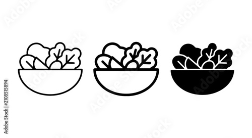 Salad Icons, Fresh Greens in Bowls, Healthy Food Vector Graphics, Simple Outline and Silhouette