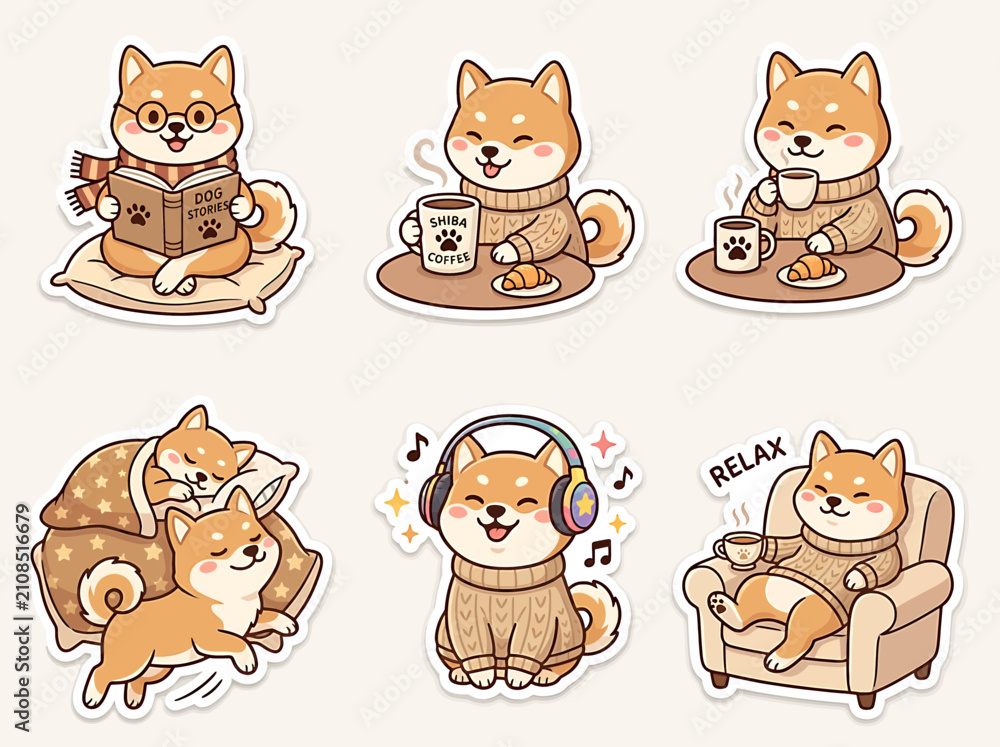 Fototapeta premium Cute Shiba Inu dog sticker set. Kawaii puppy characters in cozy autumn activities.