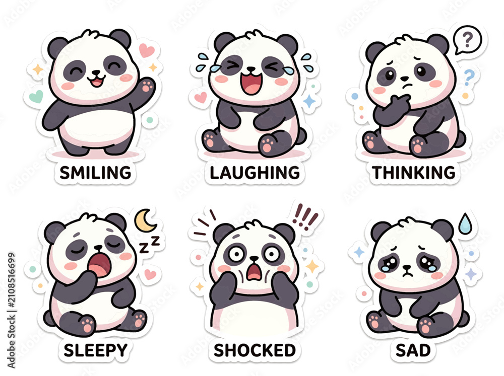 Fototapeta premium Kawaii panda sticker set with various emotions. Cute bear character expressions for design.