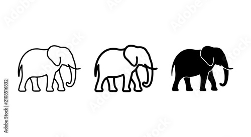 Obraz na plátně Elephant Icons Set: Outline, Silhouette, and Filled Vector Graphics for Wildlife
