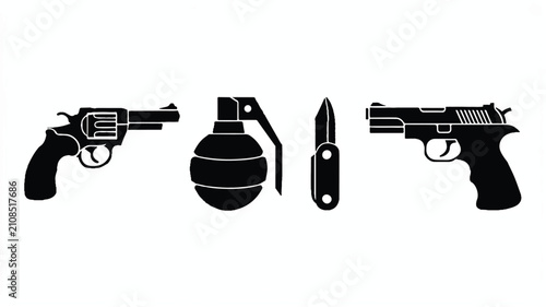 Collection of tactical equipment icons featuring handguns a grenade and a folding knife in flat black silhouette style