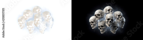Canvas Print Human skull pile clustered together with detailed bone texture surrounded by sof