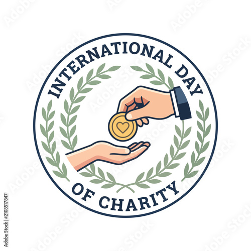 International Day Of Charity Vector Emblem Featuring Hands Giving Heart Coin With Laurel Wreath