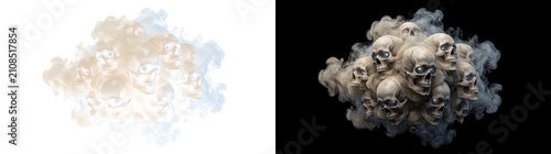 Photography Human skulls pile clustered together with glowing eye sockets shrouded in swirli
