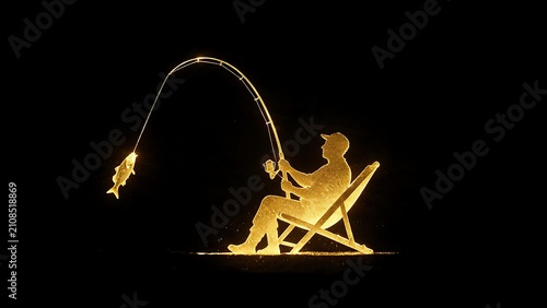 The golden silhouette of a fisherman sits on a chair, pulling up a fishing rod with a fish on it, against a black background.