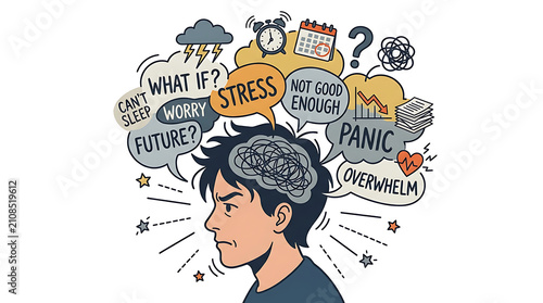 Man experiencing mental stress and anxiety with thought bubbles illustrating worries.