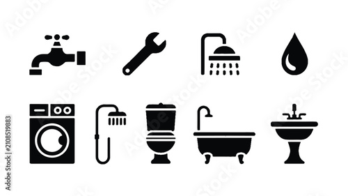 Collection of black bathroom and plumbing icon illustrations for home maintenance and renovation design