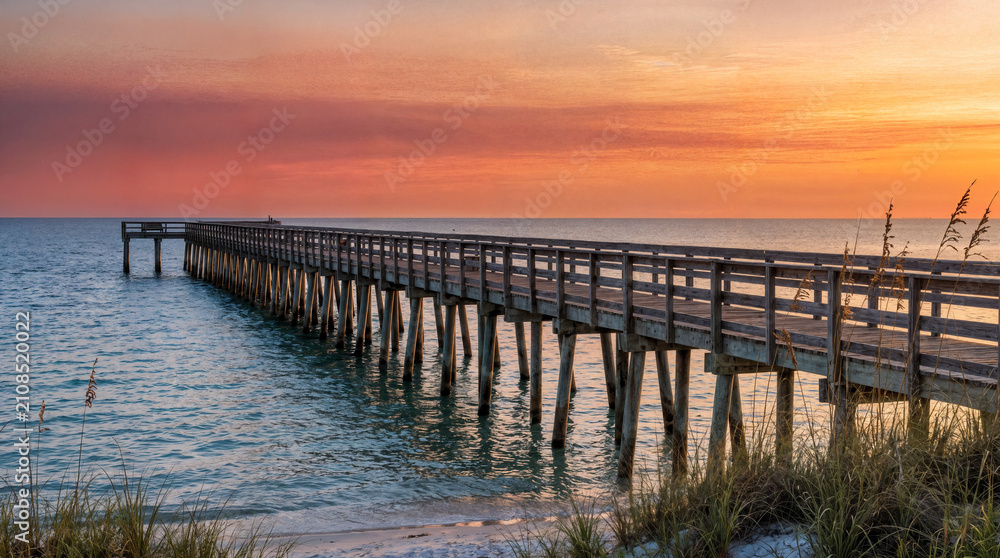Obraz premium Empty Gulf Coast Public Fishing Pier Before Dawn with Calm Coastal Waters