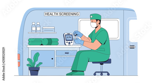Mobile Health Screening Van: Doctor Performs Blood Test for Disease Diagnosis