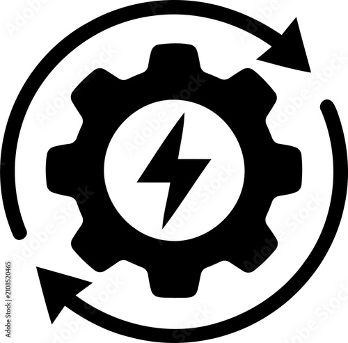 Фотография Black gear icon with energy bolt and rotating arrows isolated on transparent bac