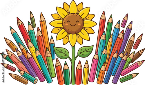 Cute Smiling Sunflower Surrounded by Colorful Wooden Pencils Cartoon Illustration Isolated on Transparent Background