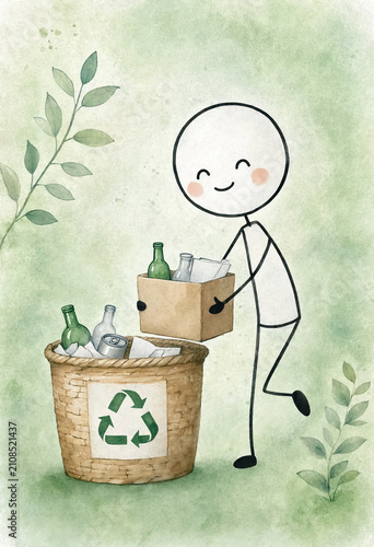 Stick figure sorting glass bottles into a woven recycling basket. Watercolor illustration.