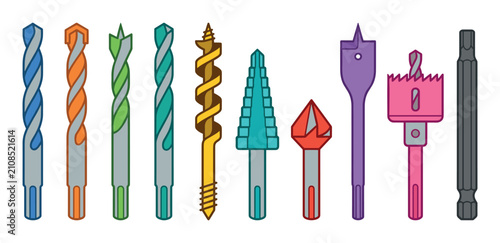 Colorful collection of various types of drill bits showcasing essential tools for construction, woodworking, and home improvement projects.