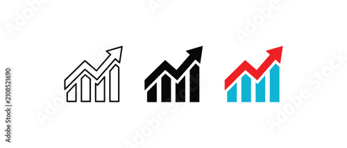 Increasing bar chart icon, financial growth arrow symbol, stock market profit rise sign, business success analytics graphic. Vector illustration