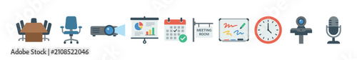 Office meeting presentation conference business communication icons illustrate various essential elements for productive corporate gatherings and virtual collaboration.