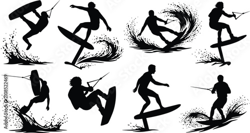 Tableau sur toile Water sports silhouettes set featuring wakeboarding, hydrofoil surfing, kitesurf