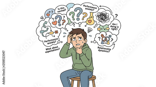 Young man experiencing anxiety and overthinking with many thought bubbles.