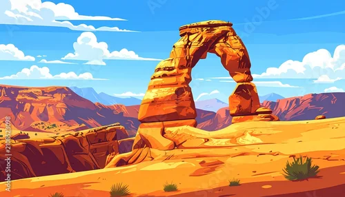 Obraz Giraffe standing in arid desert landscape with rocky formations.
