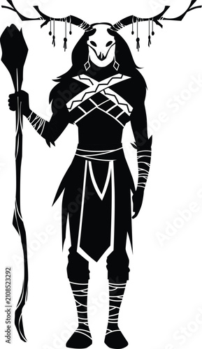 Konstfotografi Tribal shaman with magic wand and an animal's skull with horns headgear, vector