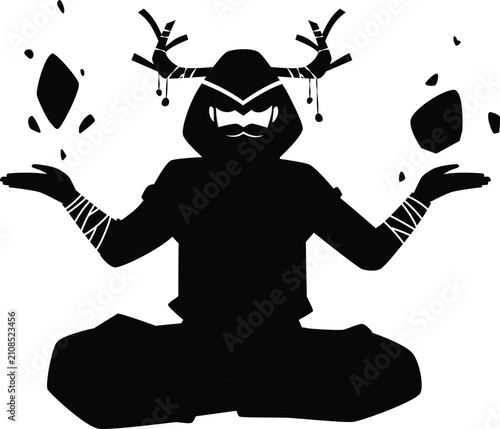 Принти на полотні Tribal shaman with animal's horns meditating in lotus position vector black silh