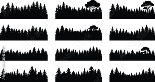 Obraz na płótnie Black Evergreen Forest Silhouette Border Set with Pine Trees and Mixed Woodland