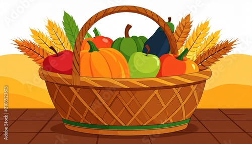 Colorful autumn harvest basket with fresh vegetables and fruits.