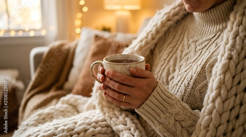 A person holds a steaming hot mug while wrapped in a thick wool blanket. Represents cozy comfort and relaxation.