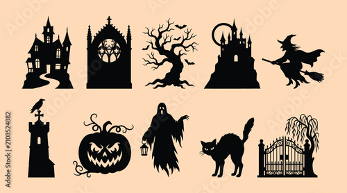 Canvastavla Collection of spooky Halloween silhouettes including haunted houses a creepy tre