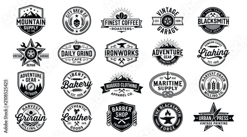 Foto Vintage badge collection with 20 retro logo templates, rustic industrial emblem