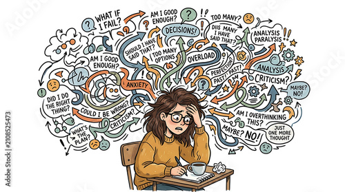 Overwhelmed student struggling with thoughts and decisions at desk.