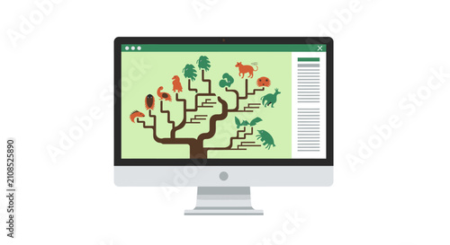 Computer Monitor Displaying Phylogenetic Tree of Life Illustration for Science and Biology Education